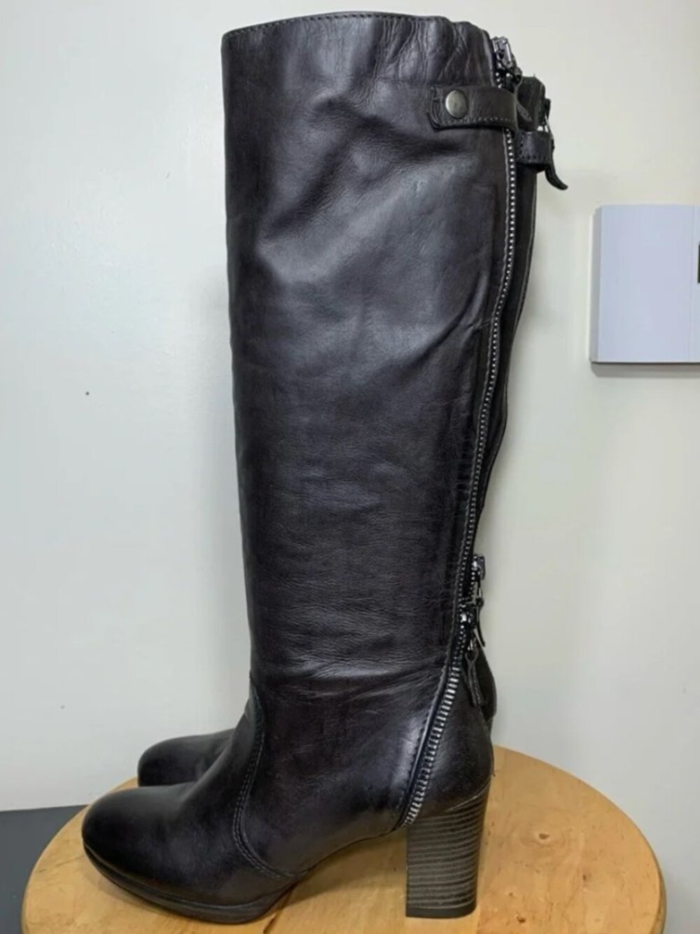Mjus Gray Leather Knee High Boots Fleeced Sz 38 Biker Zip Block Heel Minimalist